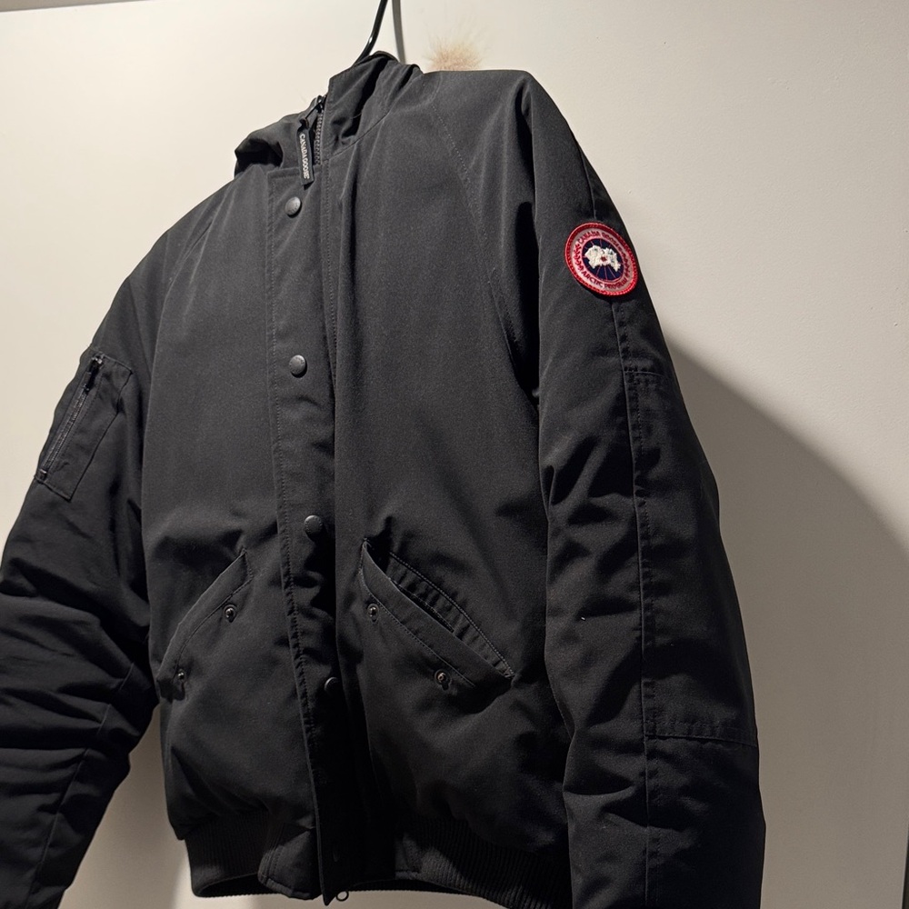 Canada Goose Black Hooded Bomber Jacket with Red Sleeve Patch